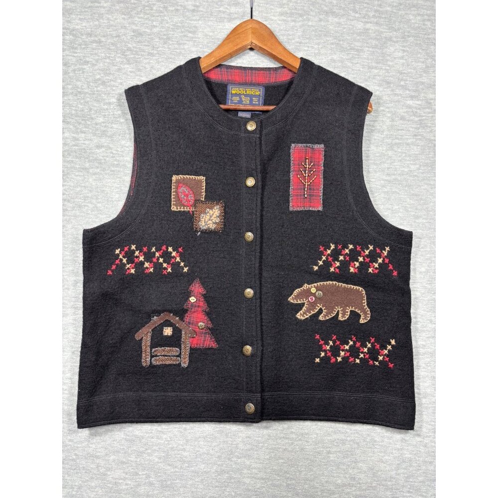 Woolrich Womens 100% Wool Vest L Black Cabin Patchwork Bear Tree‎ Buttons Rustic